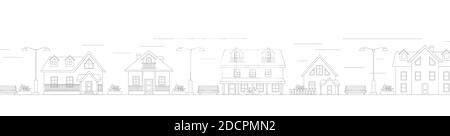 Dünne Linie Stadtlandschaft. Innenstadtlandschaft mit hohen Wolkenkratzern. Panorama-Architektur Stadtlandschaft Vorlage. Regierungsgebäude isoliert outlin Stock Vektor