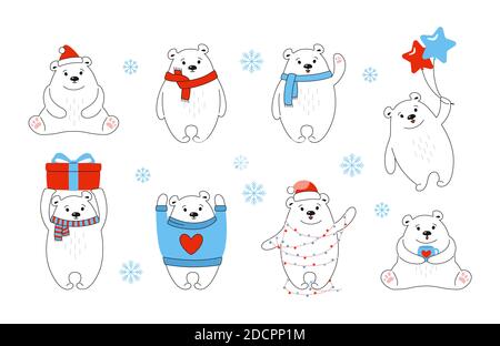 Weihnachten Eisbär Cartoon-Set. Neujahr Tiersäuger mit rotem Hut, Geschenk, Kugeln oder Girlande. Handgezeichnete Doodle niedlichen Vektor Bären in verschiedenen Posen. Lustige Tiere Winter feiern weißen Hintergrund Stock Vektor