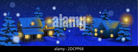Vektor-Illustration Winterlandschaft mit Cartoon Dorf Schnee. Rotes Backsteinhaus und verschneite Straße. Winterzeit. Weihnachtsnacht im Dorf Stock Vektor