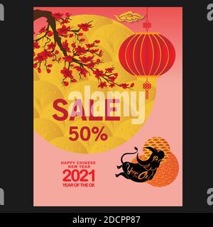 Frohes chinesisches neues Jahr 2021, Jahr des Ochsen. Satz von vertikalen Bannern. Vorlage Banner, Poster im orientalischen Stil Stock Vektor
