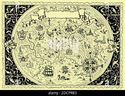 Vektor-Karte von Fantasy-Land mit Piraten, Kompass, Drachen, Meerjungfrauen und Gnomen. Handgezeichnete grafische Illustration, alter Transportshintergrund in vint Stock Vektor