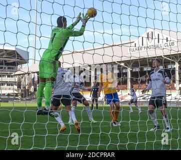 London, Großbritannien. November 2020. Fulhams Torwart Alphonse areola (Top) rettet den Ball während der englischen Premier League zwischen Fulham und Everton in London, Großbritannien, 22. November 2020. Quelle: Han Yan/Xinhua/Alamy Live News Stockfoto