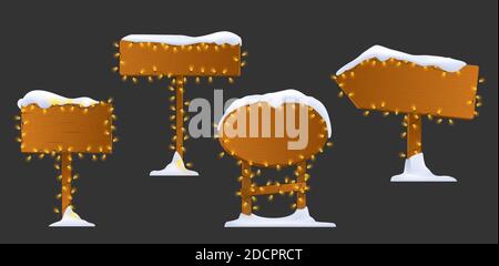 Straßenschilder im Schnee. Hölzerne weihnachtsrichtung Pfeile mit schneebedeckten Kappen weihnachtsschild Nordpol Abenteuer Vektor Bilder. Abbildung der Holzplanke Stock Vektor
