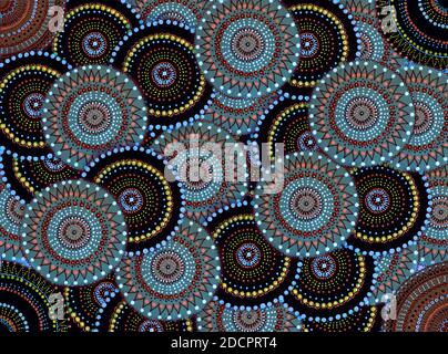 Abstrakte Mandala-Kunst mit Spritzer und filigranen Farben Stockfoto