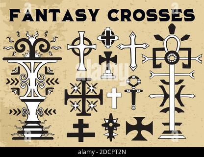 Design-Kollektion von Fantasy-Kreuze, religiöse und mystische Konzept, Fantasie schwarz und weiß Elemente Stock Vektor