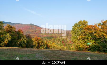 Skipiste am Fuße des Mt. Mansfield. Laubwald wechselt im Herbst die Farben. Ahorn, Buche, Birke und Hemlockbäume. Skigebiet in Stowe, VT. Stockfoto