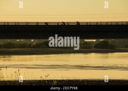 Radfahrer auf einer Brücke über einen Fluss bei Sonnenuntergang in Athlone, Co.Roscommon. Irland Stockfoto