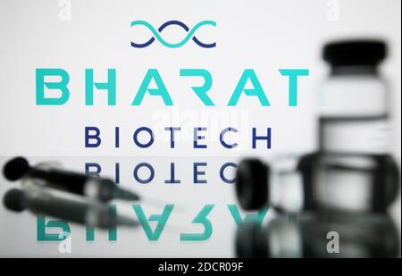 Ukraine. November 2020. In dieser Abbildung sehen Sie eine medizinische Spritze und eine Ampulle mit COVID-19-Coronavirus-Impfstoff vor dem Logo des indischen Unternehmens Bharat Biotech Biotech. Kredit: SOPA Images Limited/Alamy Live Nachrichten Stockfoto