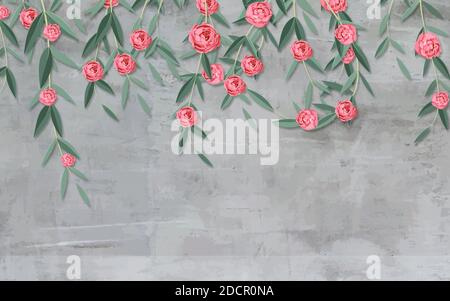 3d-Illustration, grauer Grunge-Hintergrund, rosafarbene Rosen hängen von oben Stockfoto