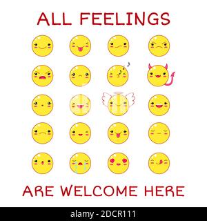 Alle Gefühle sind hier willkommen. Vektor-Banner mit Affirmation für Kinder Spielzimmer. Niedliche inspirierende Karte mit Emojis und Schriftzug. Motivierendes Zitat Stock Vektor