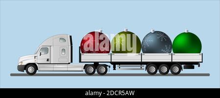 Ein amerikanischer Sattelschlepper transportiert große Weihnachtsbaumdekorationen für Weihnachten und Neujahr. Vektorgrafik Stock Vektor