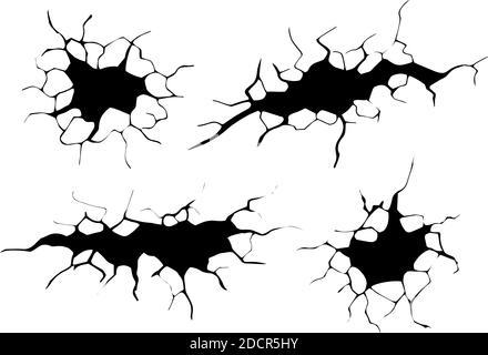 Bodenrisse gesetzt. Erdbeben und Bodenrisse, Lochwirkung, Craquelure und beschädigte Wandstruktur. Vektor-Illustrationen Erdbeben, Absturz, Zerstörung Stock Vektor