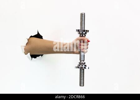 Eine weibliche Hand mit einer roten Maniküre in einem zerrissenen Loch auf weißem Hintergrund hält eine Hantel. Hand durch zerrissenes weißes Papier Stockfoto