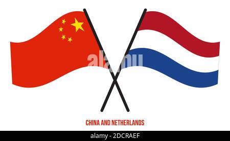 China und Niederlande Flaggen gekreuzt und winken Flat Style. Offizieller Anteil. Korrekte Farben. Stockfoto