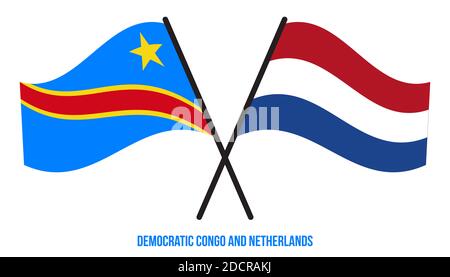 Demokratische Kongo und Niederlande Flaggen gekreuzt & winken Flat Style. Offizieller Anteil. Korrekte Farben. Stockfoto