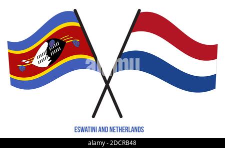 Eswatini und Niederlande Flaggen gekreuzt und winken Flat Style. Offizieller Anteil. Korrekte Farben. Stockfoto