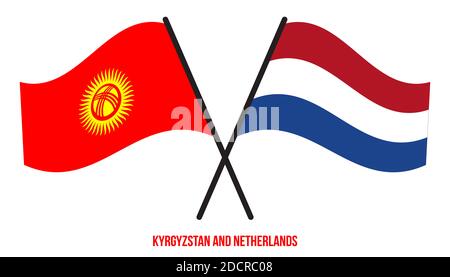 Kirgisistan und Niederlande Flaggen gekreuzt und winken Flat Style. Offizieller Anteil. Korrekte Farben. Stockfoto