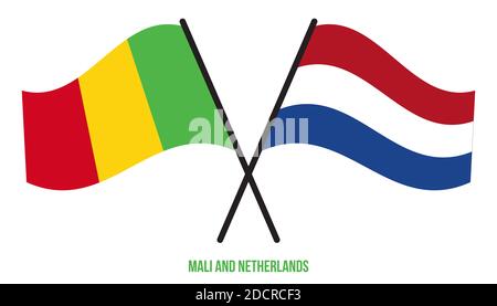 Mali und Niederlande Flaggen gekreuzt und winken Flat Style. Offizieller Anteil. Korrekte Farben. Stockfoto
