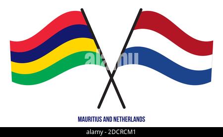 Mauritius und Niederlande Flaggen gekreuzt und winken Flat Style. Offizieller Anteil. Korrekte Farben. Stockfoto