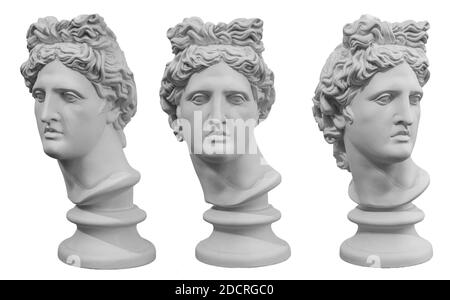 Weiße Gipskopie der alten Statue von Apollo Gott der Sonne Kopf isoliert auf einem weißen Hintergrund. Gips Skulptur des Menschen Gesicht. Renaissance-Porträt Stockfoto