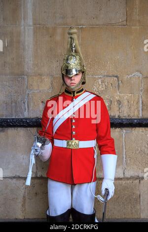 Soldat des Queen's Guards, Haushalt, Stand vor der Horse Guards Gebäude, Whitehall, London Stockfoto