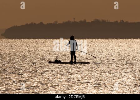 Southend on Sea, Essex, Großbritannien. November 2020. Der Tag ist hell, aber kalt angebrochen. Ein einflügige Paddelboarder ist auf der Themse Mündung, silhouetted gegen glänzendes Wasser Stockfoto