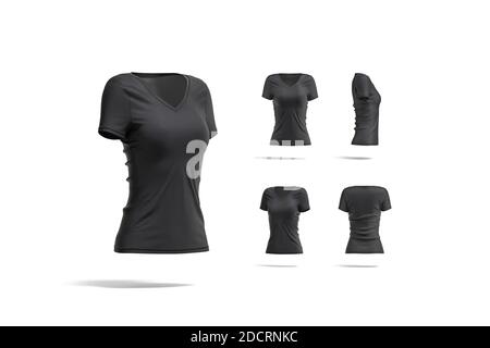 Blank schwarz Frauen Slimfit T-Shirt Mockup, verschiedene Ansichten Stockfoto