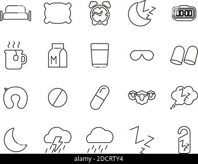 Sleep Oder Sleeping Icons Black & White Thin Line Set Groß Stock Vektor