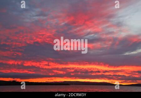 Dundee, Großbritannien. November 2020. Sonnenaufgang über Invergowrie Bay in der Nähe von Dundee. Ein dramatischer Start in einen milden Tag in Tayside. Kredit: Stephen Finn/Alamy Live Nachrichten Stockfoto