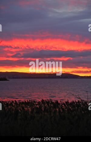 Dundee, Großbritannien. November 2020. Sonnenaufgang über Invergowrie Bay in der Nähe von Dundee. Ein dramatischer Start in einen milden Tag in Tayside. Kredit: Stephen Finn/Alamy Live Nachrichten Stockfoto