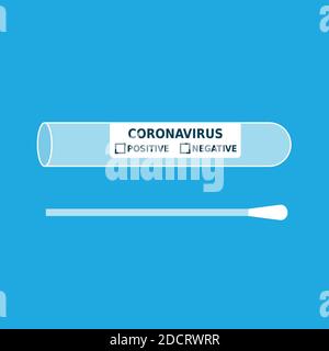 Coronavirus-Tupfer im Reagenzglas. Leeres Testmuster für COVID-19-Diagnose. Wattestäbchen für Nasen- oder Speichelabstrich. Farbsymbol auf blauem Hintergrund.Vektor Stock Vektor