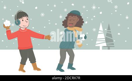 Retro-Stil Banner von zwei glückliche Kinder werfen eine Schneeballschlacht. Stock Vektor