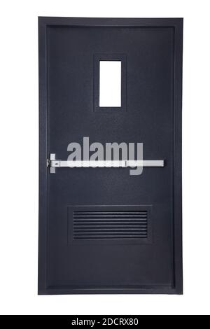Notausgangstür auf weißem Hintergrund Stockfoto