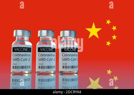 Covid-19-Impfstoff vor dem Hintergrund der chinesischen Flagge Stockfoto