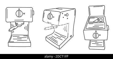 Doodle Tamper Kaffeemaschine in drei Winkeln vorne, oben und seitlich Ansicht. Einfache Vektordarstellung auf weißem Hintergrund isoliert Stock Vektor