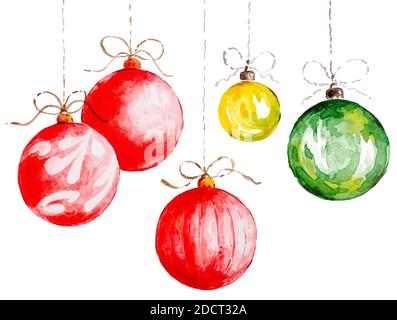 Neujahr, Set Spielzeugkugeln für Weihnachtsbaumschmuck in roten, grünen, gelben Farben. Aquarellzeichnung. Stockfoto