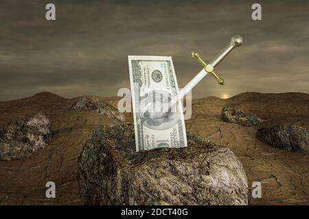 Excalibur in Dollar Bill on Stone bei Sonnenuntergang. Erstellen Sie einen automatischen Sparplan oder Geld sparen Geheimnis oder Gebäude Reichtum Konzept. 3D-Rendering Stockfoto