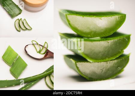 Collage aus geschnittenen Aloe Vera Blättern, Holzlöffel und Behälter mit hausgemachter Kosmetikcreme auf Weiß Stockfoto