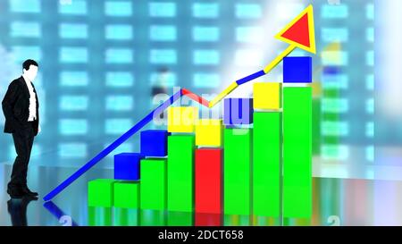 3d-Rendern eines Finanzdiagramms mit verwebten Pfeilen, die das Bild nach oben führen. Stockfoto