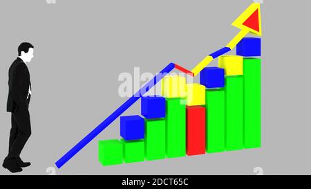 3d-Rendern eines Finanzdiagramms mit verwebten Pfeilen, die das Bild nach oben führen. Stockfoto