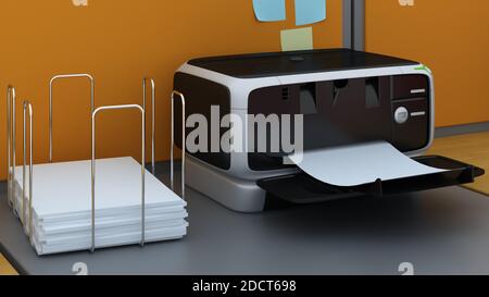 Fotokopierer oder Scanner und Standfuß aus weißem Normalpapier isoliert auf dem Schreibtisch, 3d-Rendering. Stockfoto