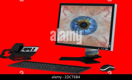 Desktop, Tastatur und Maus mit Telefon auf rotem Hintergrund isoliert. 3d-Rendering Stockfoto