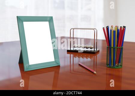 Bilderrahmen auf einem Schreibtisch neben einigen Bleistiften und Bürogegenständen. 3d-Illustration. Stockfoto