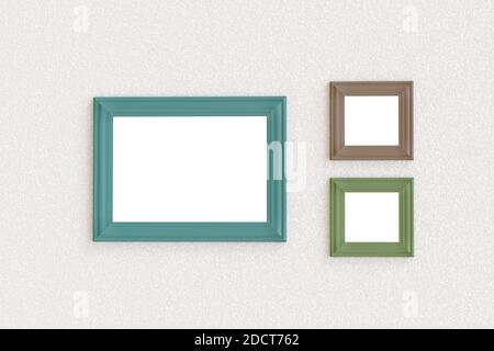 Drei leere Bilderrahmen, die an einer Wand hängen. 3d-Illustration. Stockfoto