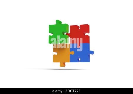 Vier Puzzleteile, rot, blau, grün und orange, kommen in drei Dimensionen zusammen. Teamwork-Konzept. 3d-Illustration.