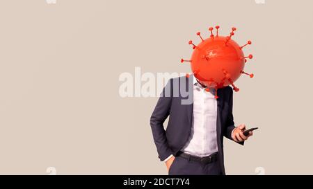 Konzept oder konzeptionelle 3d-Darstellung eines Geschäftsmanns, der überprüft Sein Telefon und Coronavirus auf beigefarbenem Hintergrund Stockfoto
