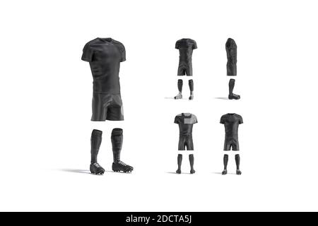 Weiße schwarze Fußballuniform mit T-Shirt, kurz, Socken, Stiefel Mockup Stockfoto