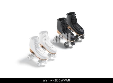 Blanke schwarz-weiße Rollschuhe mit Rädern Mockup Paar, Stockfoto