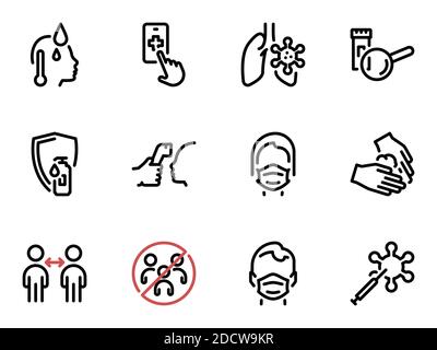 Satz schwarzer Vektorsymbole, isoliert vor weißem Hintergrund. Flache Illustration zu einem Thema Coronavirus, Hilfe, Forschung und Schutz Stock Vektor