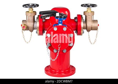 Im Werk werden zahlreiche Hydranten hergestellt. Roter Hydrant im Werk. Stockfoto